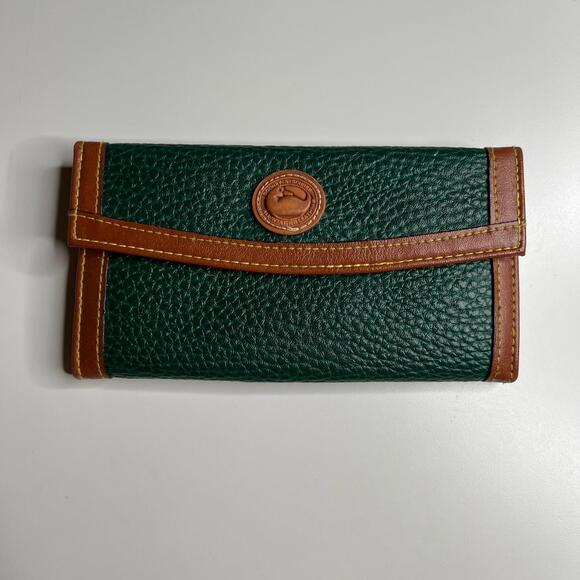 Vintage Dooney & Bourke All Weather Leather Wallet Green Brown Trifold USA Made - Picture 1 of 5